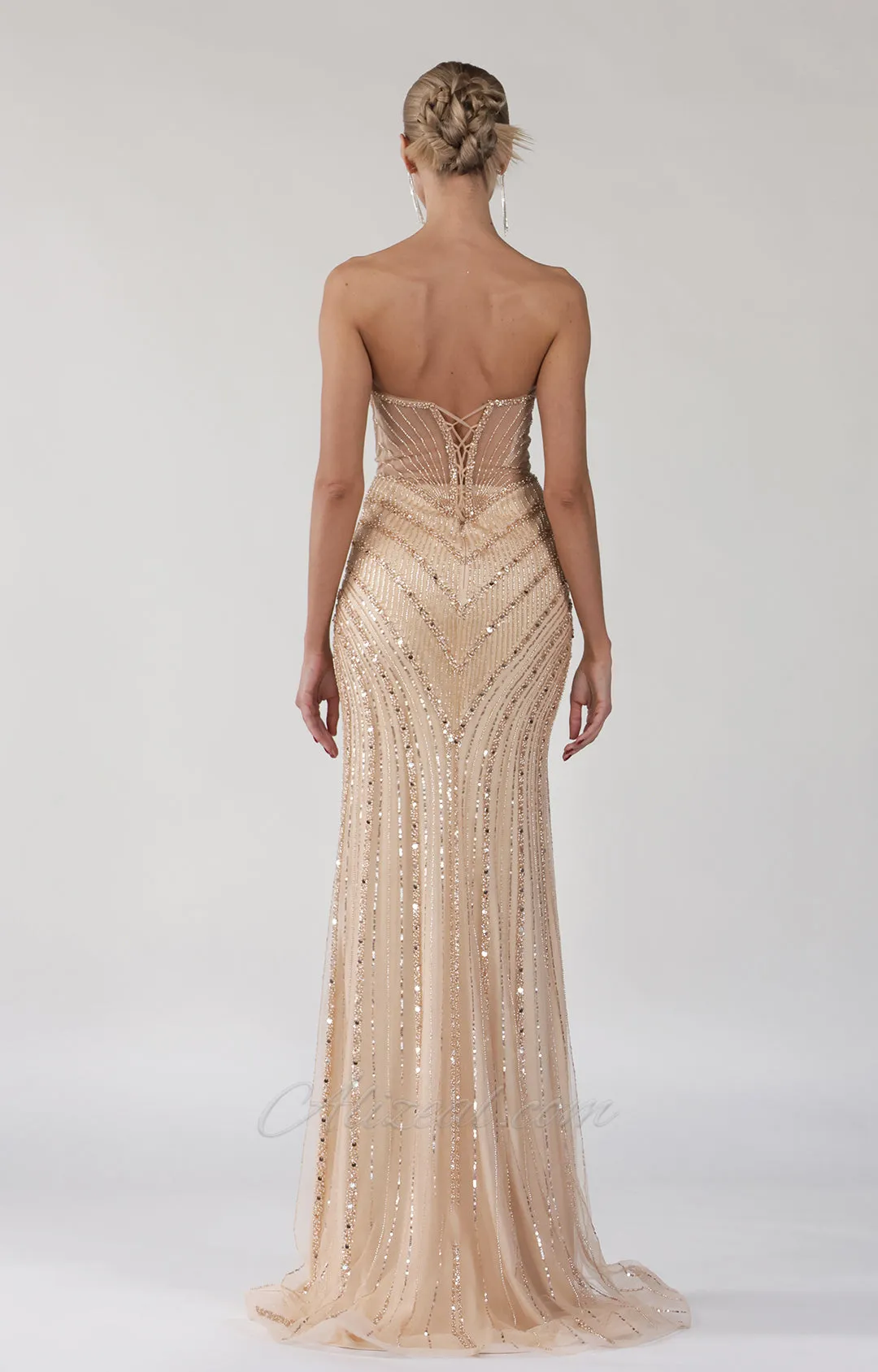 Beaded V-Neck Sequin Strapless Tulle Lace-up Dress