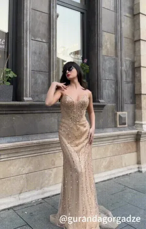 Beaded V-Neck Sequin Strapless Tulle Lace-up Dress