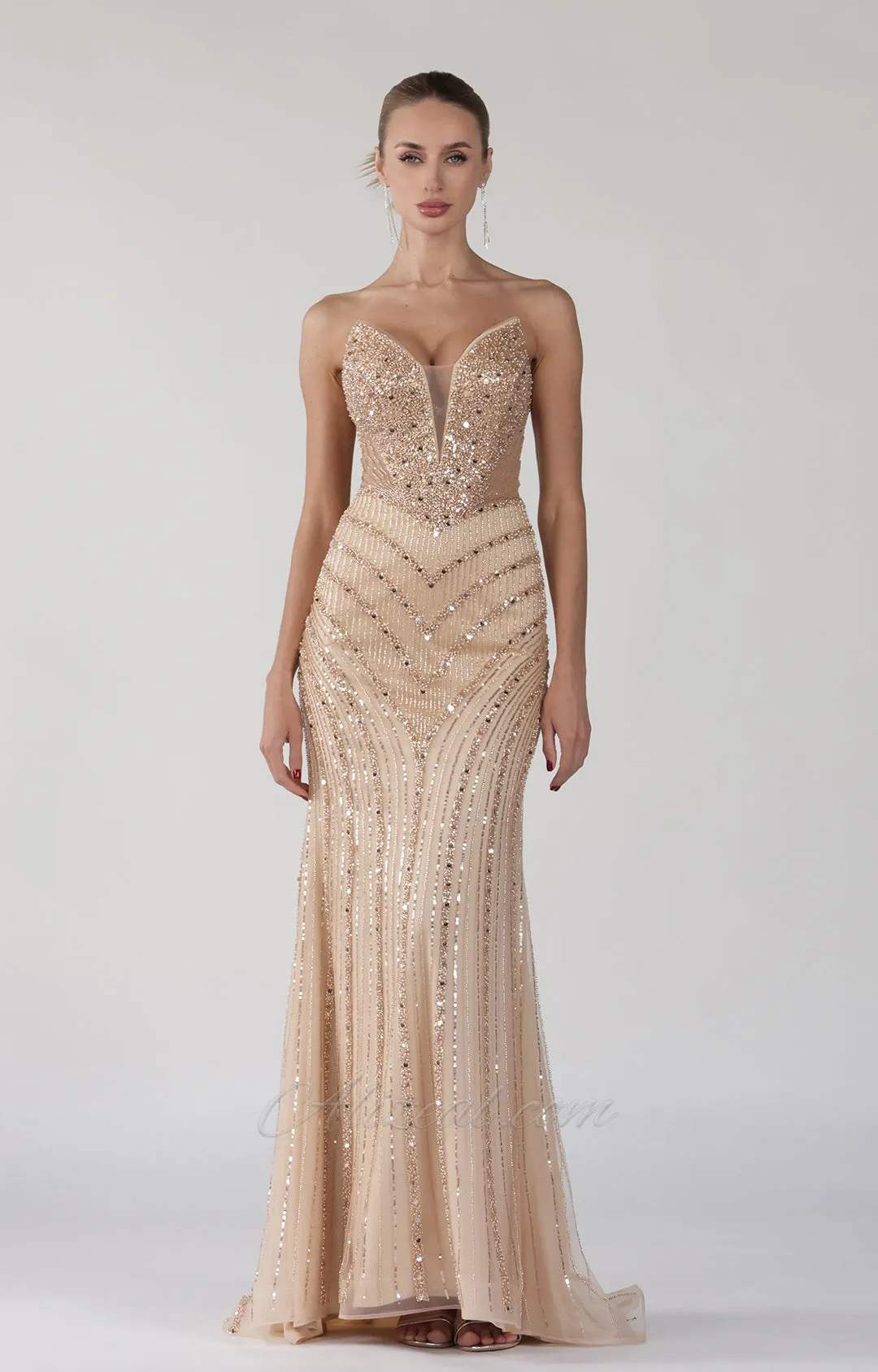 Beaded V-Neck Sequin Strapless Tulle Lace-up Dress