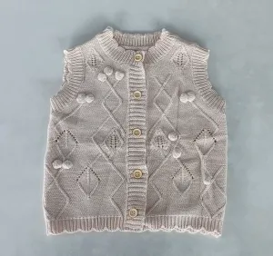 Beige Woolen Round Neck Sleeve Less Front Open Sweater