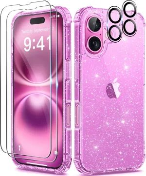 BERFY Compatible with iPhone 16 Case Glitter, [5 in 1] with 2X Screen Protector   2X Camera Lens Protector, [Non-Yellowing] Clear Sparkle Slim Shockproof Hard Phone Cover for Women 6.1", Shiny Purple