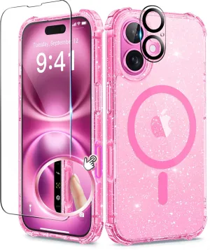 BERFY Compatible with iPhone 16 Plus Case, [Compatible with Magsafe], with 9H Tempered Screen Protector   Camera Lens Protector, Clear Sparkly Hard Phone Case for Women 6.7", Magnetic Hot Pink