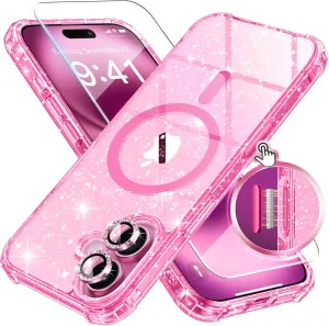 BERFY for iPhone 16 Case Glitter 6.1", Compatible with Magsafe, Women Clear Bling Cute Magnetic Hard Phone Cover, [with 9H Tempered Screen Protector] [2X Diamond Camera Lens Protectors], Hot Pink