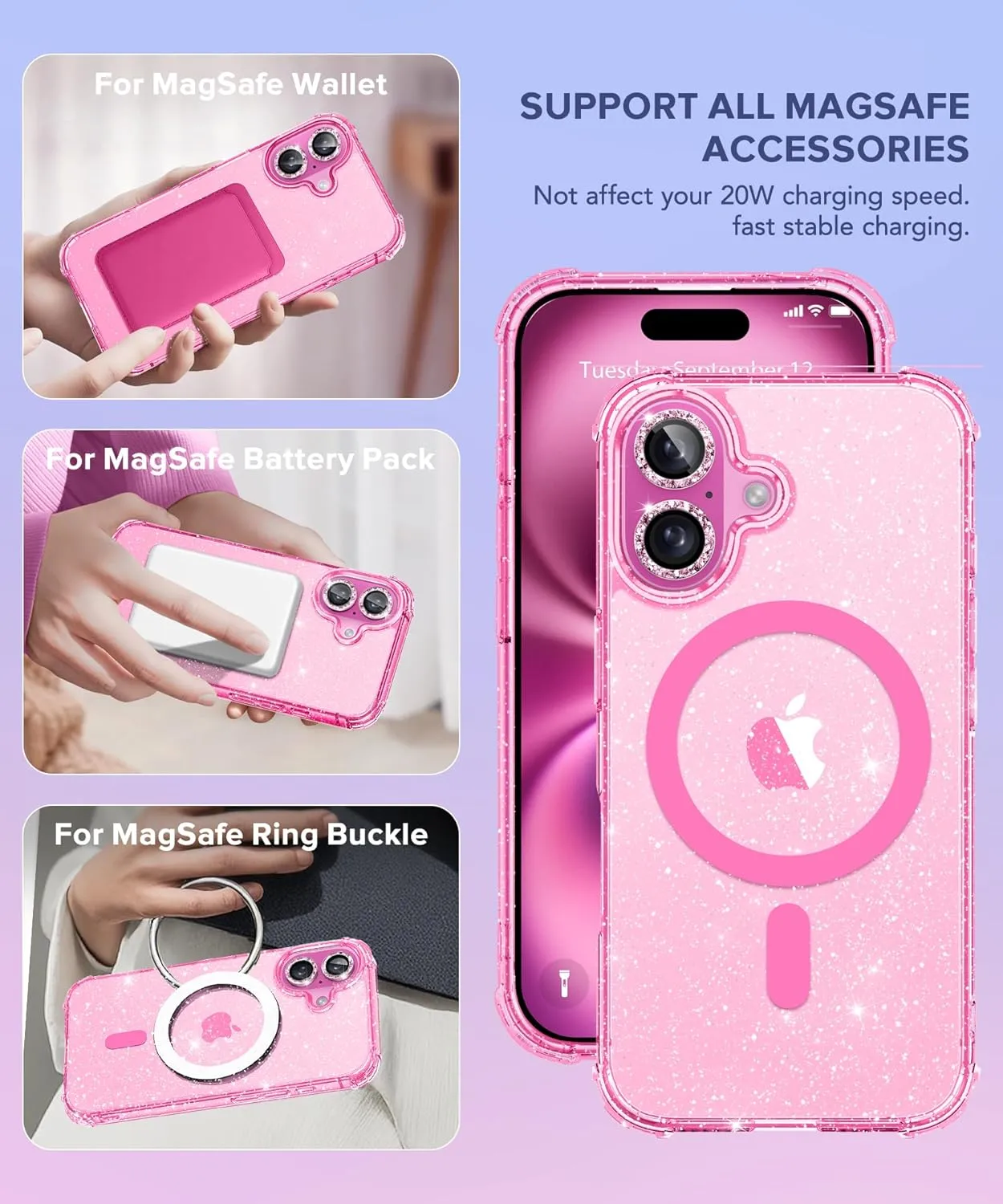 BERFY for iPhone 16 Case Glitter 6.1", Compatible with Magsafe, Women Clear Bling Cute Magnetic Hard Phone Cover, [with 9H Tempered Screen Protector] [2X Diamond Camera Lens Protectors], Hot Pink