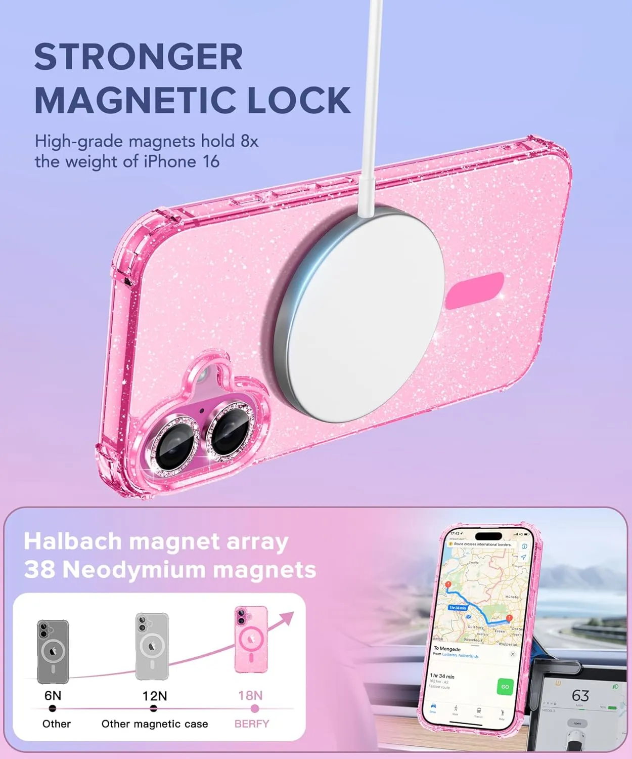 BERFY for iPhone 16 Case Glitter 6.1", Compatible with Magsafe, Women Clear Bling Cute Magnetic Hard Phone Cover, [with 9H Tempered Screen Protector] [2X Diamond Camera Lens Protectors], Hot Pink