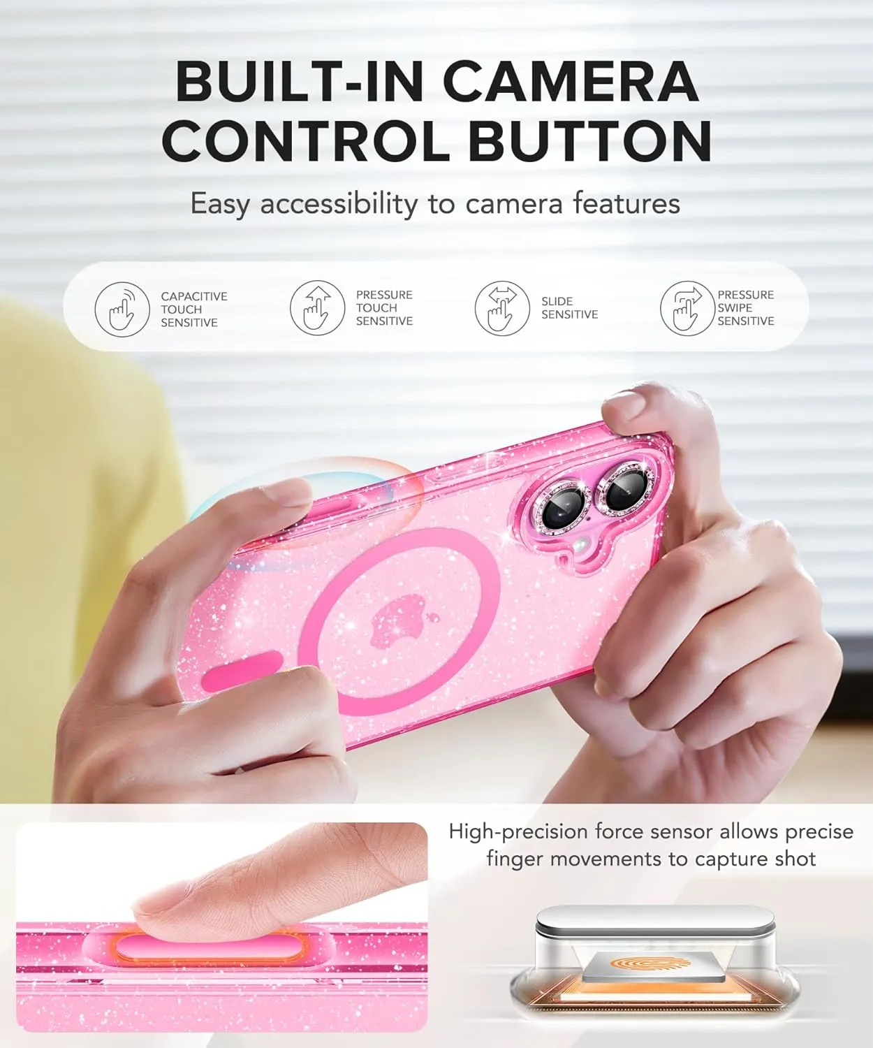 BERFY for iPhone 16 Case Glitter 6.1", Compatible with Magsafe, Women Clear Bling Cute Magnetic Hard Phone Cover, [with 9H Tempered Screen Protector] [2X Diamond Camera Lens Protectors], Hot Pink