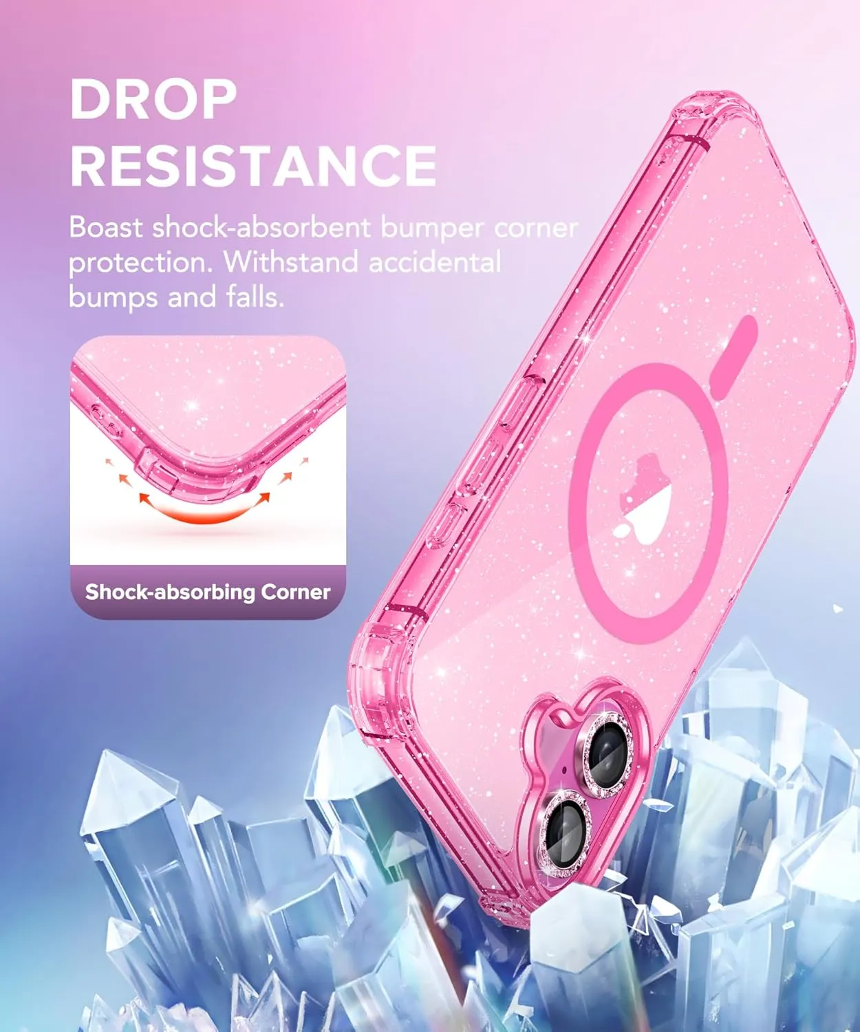 BERFY for iPhone 16 Case Glitter 6.1", Compatible with Magsafe, Women Clear Bling Cute Magnetic Hard Phone Cover, [with 9H Tempered Screen Protector] [2X Diamond Camera Lens Protectors], Hot Pink