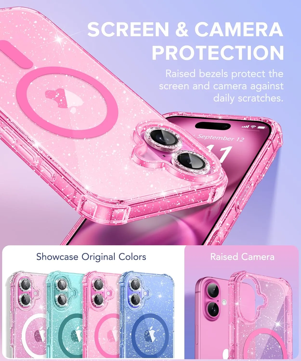 BERFY for iPhone 16 Case Glitter 6.1", Compatible with Magsafe, Women Clear Bling Cute Magnetic Hard Phone Cover, [with 9H Tempered Screen Protector] [2X Diamond Camera Lens Protectors], Hot Pink
