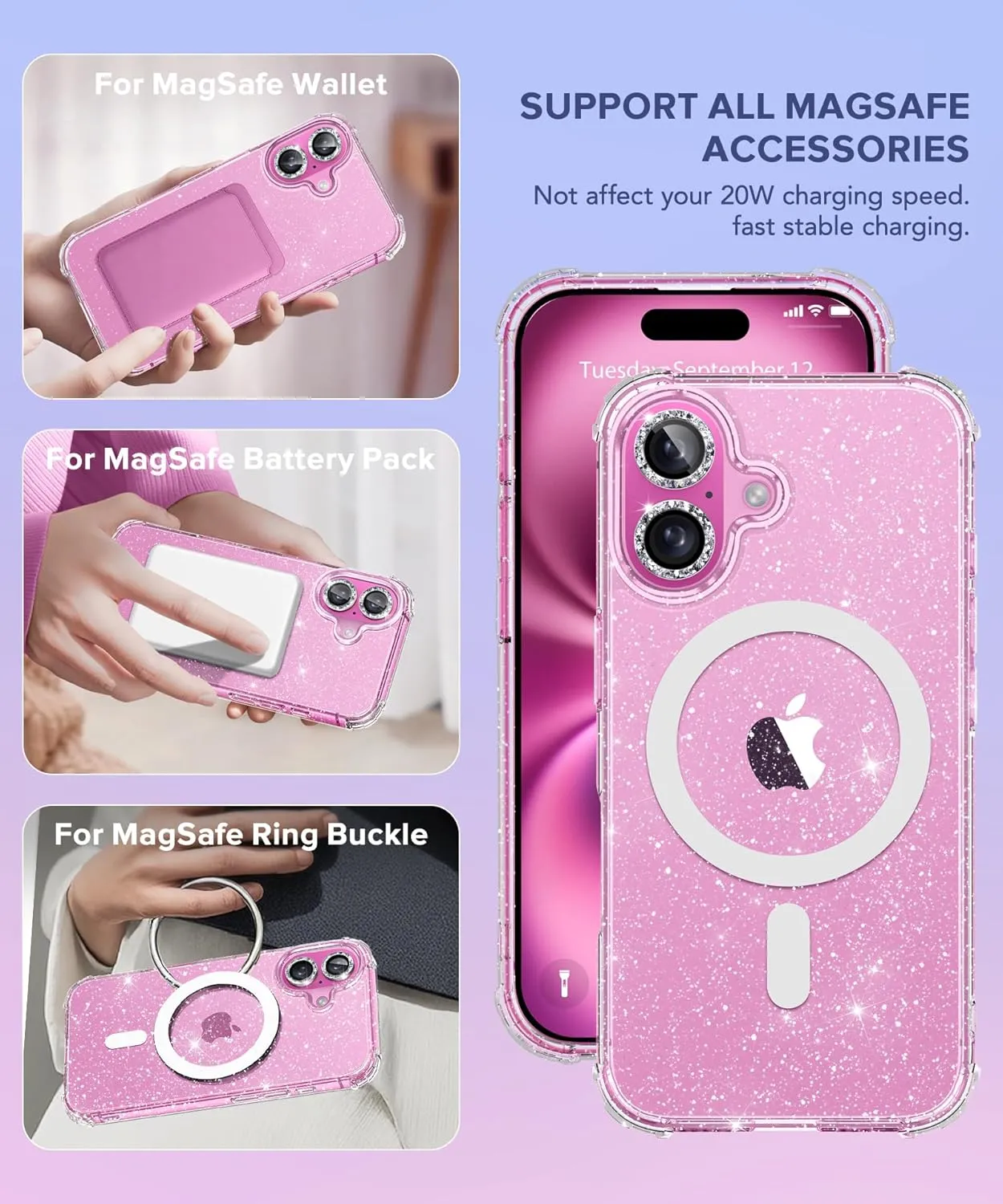 BERFY for iPhone 16 Case Glitter 6.1", Compatible with Magsafe, Women Clear Bling Cute Magnetic Hard Phone Cover, [with 9H Tempered Screen Protector] [2X Diamond Camera Lens Protectors], Shiny Clear