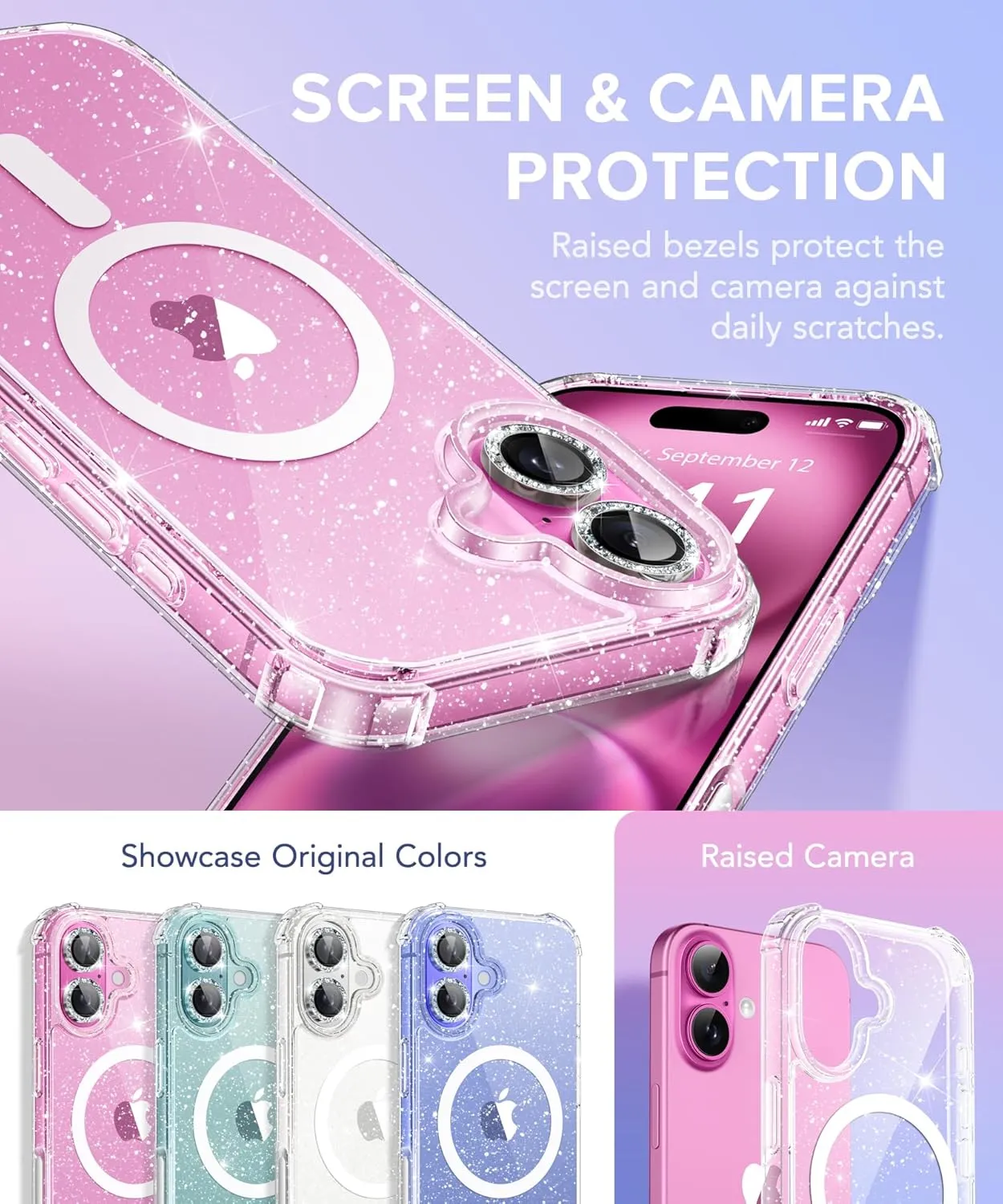 BERFY for iPhone 16 Case Glitter 6.1", Compatible with Magsafe, Women Clear Bling Cute Magnetic Hard Phone Cover, [with 9H Tempered Screen Protector] [2X Diamond Camera Lens Protectors], Shiny Clear
