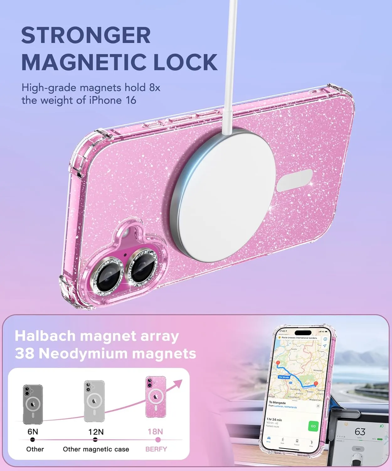 BERFY for iPhone 16 Case Glitter 6.1", Compatible with Magsafe, Women Clear Bling Cute Magnetic Hard Phone Cover, [with 9H Tempered Screen Protector] [2X Diamond Camera Lens Protectors], Shiny Clear