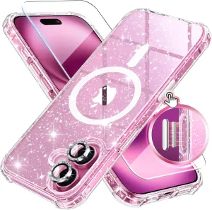 BERFY for iPhone 16 Case Glitter 6.1", Compatible with Magsafe, Women Clear Bling Cute Magnetic Hard Phone Cover, [with 9H Tempered Screen Protector] [2X Diamond Camera Lens Protectors], Shiny Clear