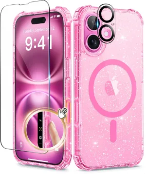 BERFY Magnetic for iPhone 16 Case, [Compatible with Magsafe], with Screen Protector   Camera Lens Protector, [Non-Yellowing] Clear Sparkly Shockproof Hard Phone Case for Women 6.1", Hot Pink