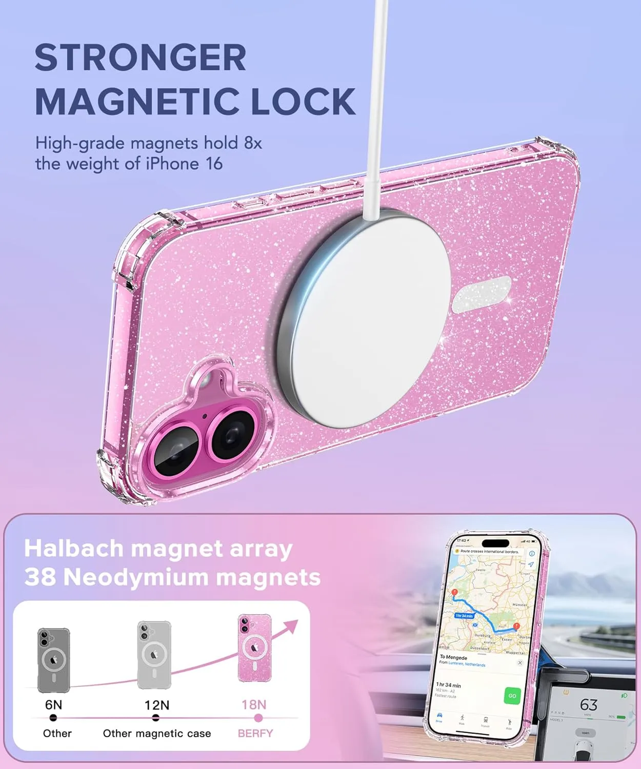 BERFY Magnetic for iPhone 16 Case, [Compatible with Magsafe], with Screen Protector   Camera Lens Protector, [Non-Yellowing] Clear Sparkly Shockproof Hard Phone Case for Women 6.1", Shiny Clear