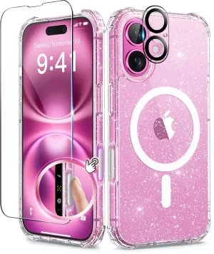BERFY Magnetic for iPhone 16 Case, [Compatible with Magsafe], with Screen Protector   Camera Lens Protector, [Non-Yellowing] Clear Sparkly Shockproof Hard Phone Case for Women 6.1", Shiny Clear