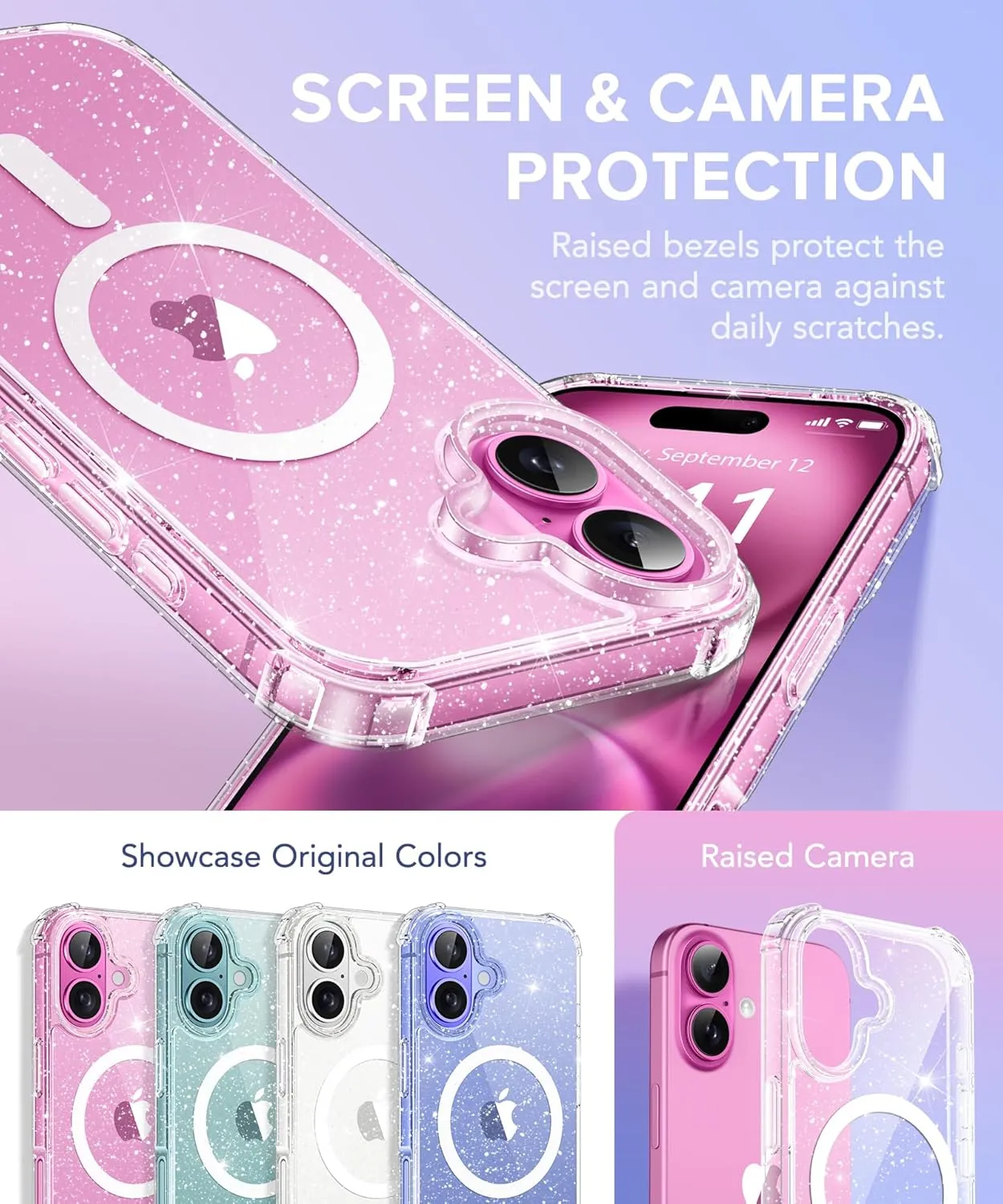 BERFY Magnetic for iPhone 16 Case, [Compatible with Magsafe], with Screen Protector   Camera Lens Protector, [Non-Yellowing] Clear Sparkly Shockproof Hard Phone Case for Women 6.1", Shiny Clear