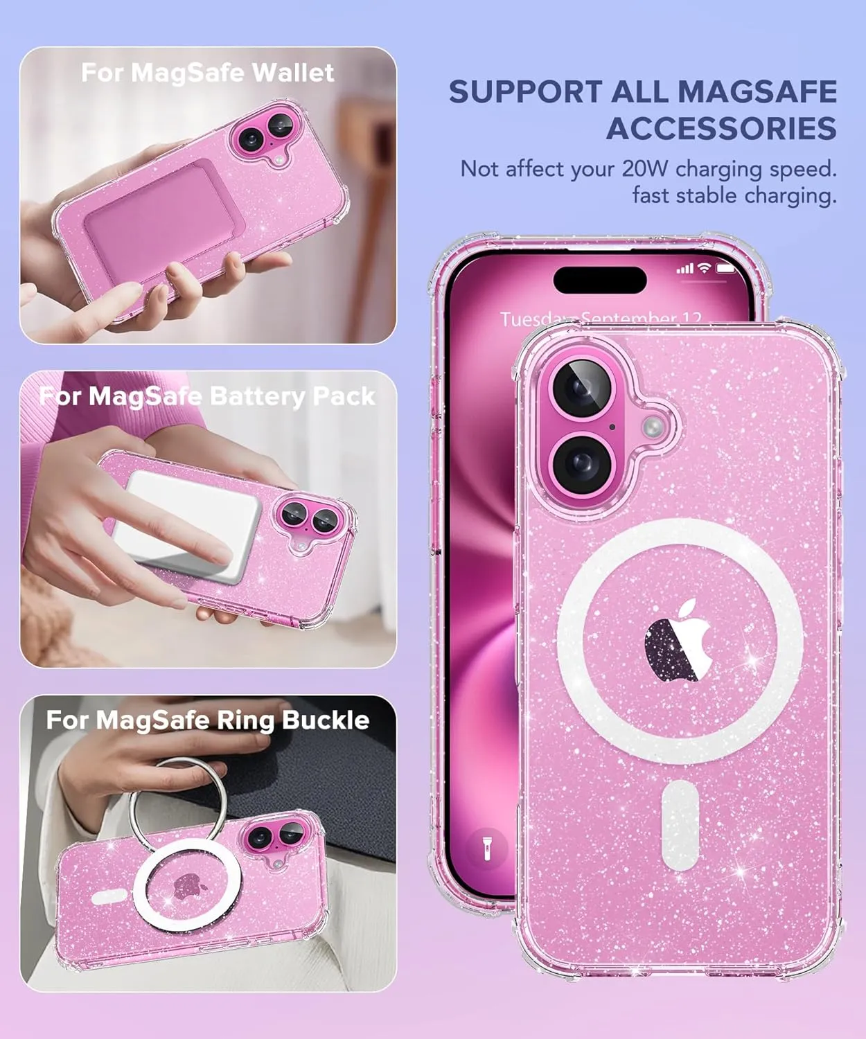 BERFY Magnetic for iPhone 16 Case, [Compatible with Magsafe], with Screen Protector   Camera Lens Protector, [Non-Yellowing] Clear Sparkly Shockproof Hard Phone Case for Women 6.1", Shiny Clear