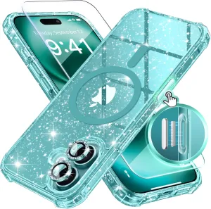 BERFY Magnetic for iPhone 16 Case, [Compatible with Magsafe], with Screen Protector   Camera Lens Protector, [Non-Yellowing] Clear Sparkly Shockproof Hard Phone Case for Women 6.1", Shiny Green
