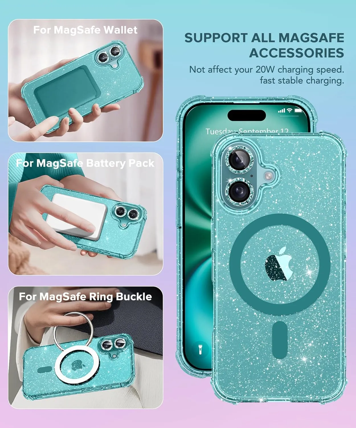 BERFY Magnetic for iPhone 16 Case, [Compatible with Magsafe], with Screen Protector   Camera Lens Protector, [Non-Yellowing] Clear Sparkly Shockproof Hard Phone Case for Women 6.1", Shiny Green
