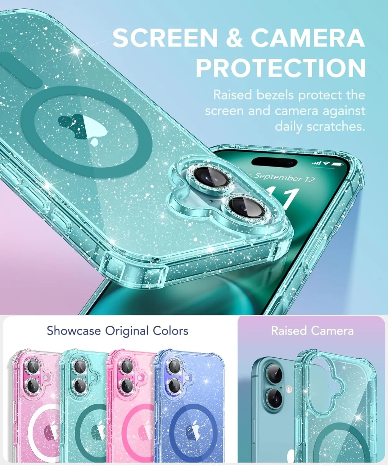 BERFY Magnetic for iPhone 16 Case, [Compatible with Magsafe], with Screen Protector   Camera Lens Protector, [Non-Yellowing] Clear Sparkly Shockproof Hard Phone Case for Women 6.1", Shiny Green
