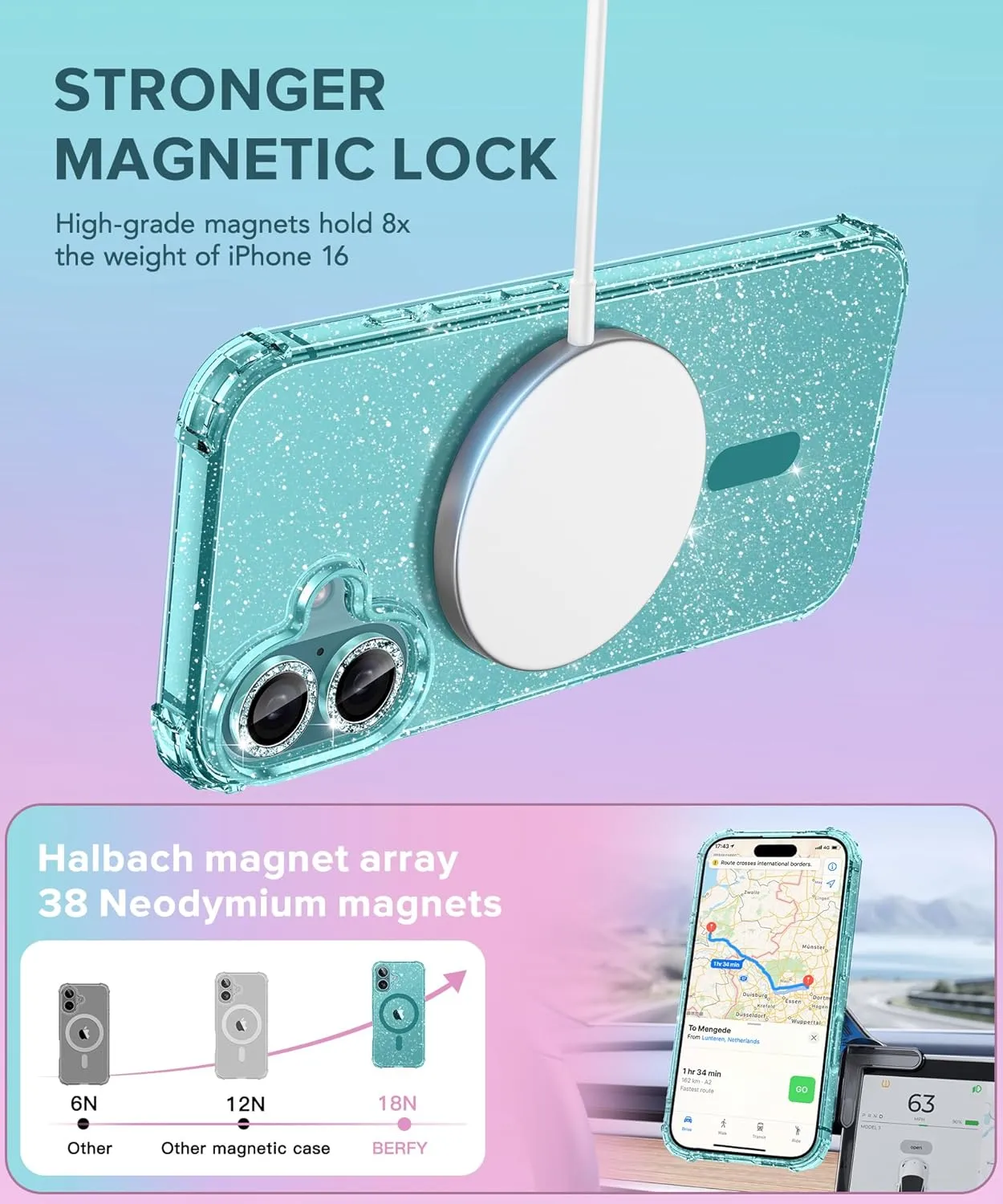 BERFY Magnetic for iPhone 16 Case, [Compatible with Magsafe], with Screen Protector   Camera Lens Protector, [Non-Yellowing] Clear Sparkly Shockproof Hard Phone Case for Women 6.1", Shiny Green