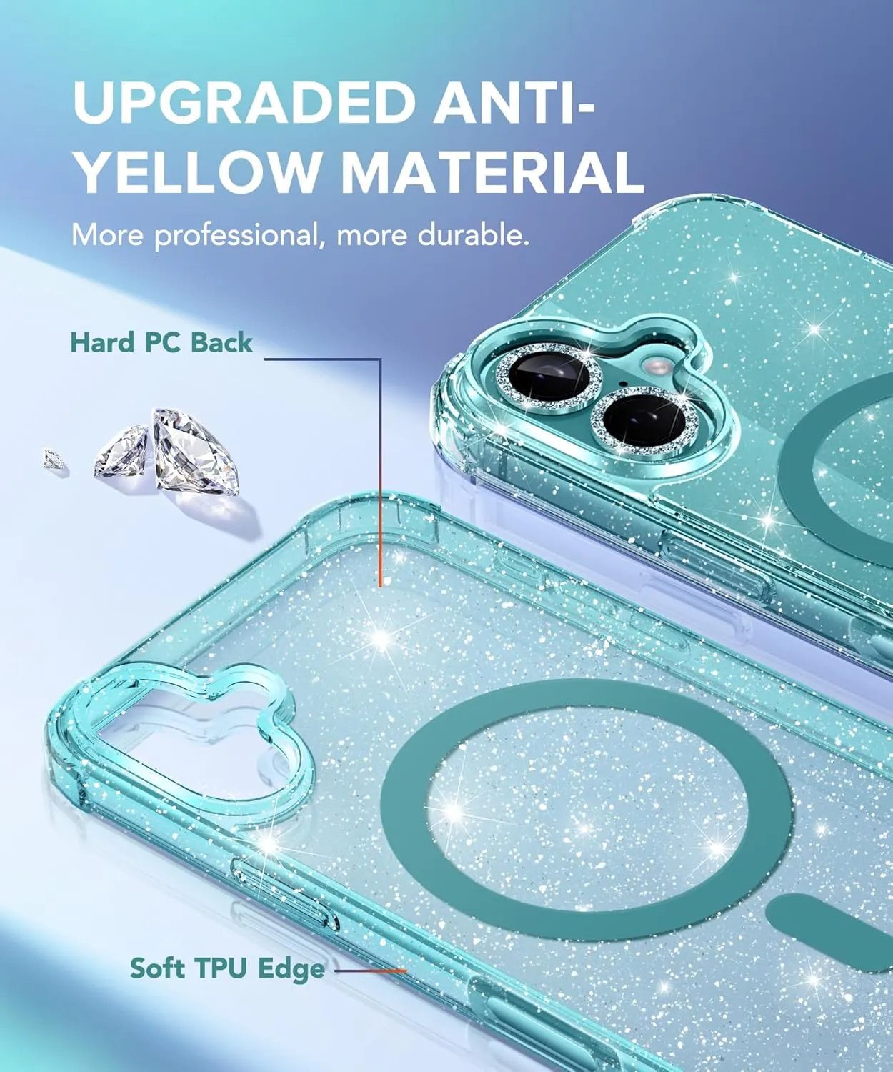 BERFY Magnetic for iPhone 16 Case, [Compatible with Magsafe], with Screen Protector   Camera Lens Protector, [Non-Yellowing] Clear Sparkly Shockproof Hard Phone Case for Women 6.1", Shiny Green