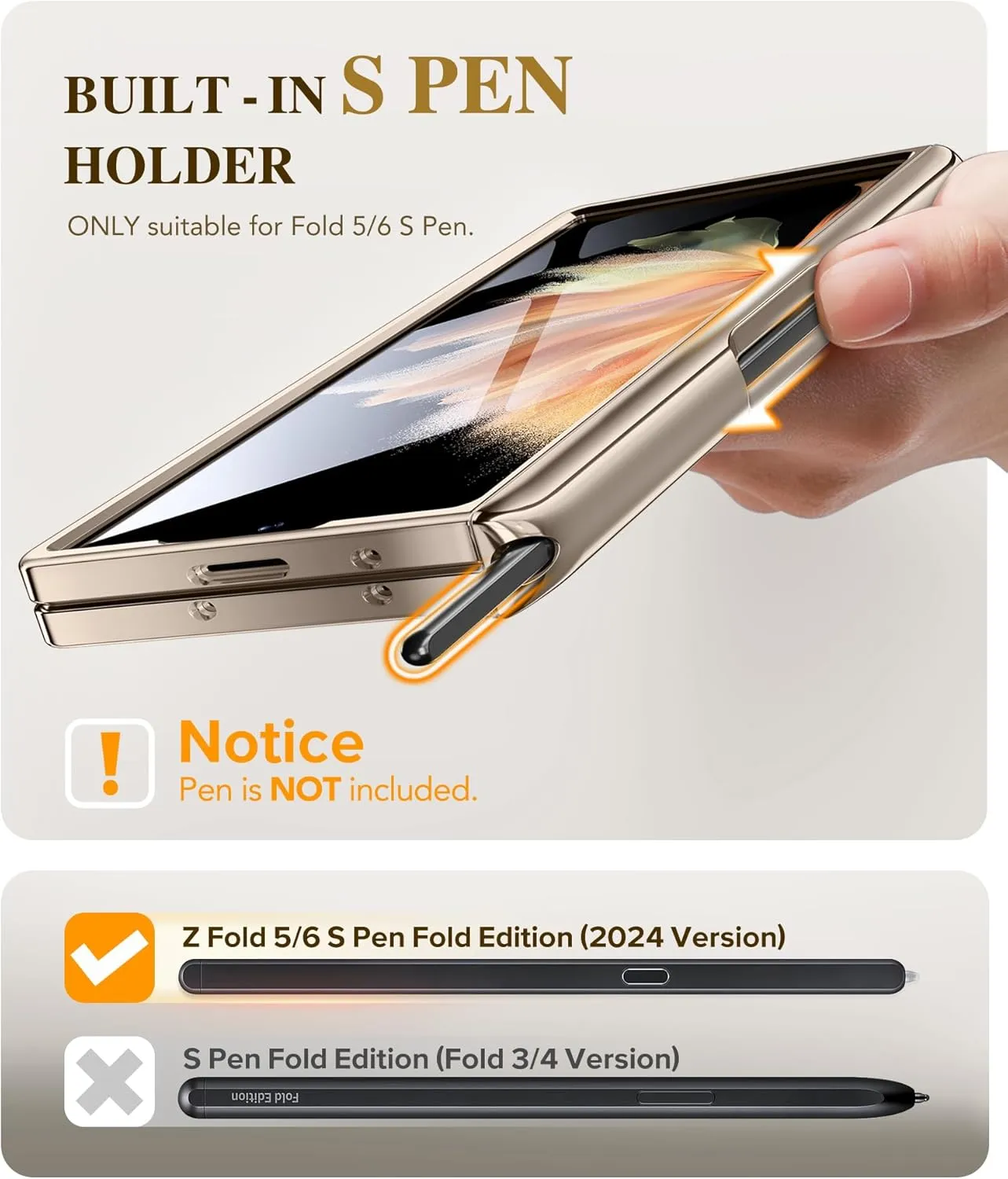 BERFY Upgraded Magnetic for Z Fold 6 Case with S Pen Holder, Compatible with Magsafe, [Built-in Screen Protector & Hinge Protection] Full-Body Slim Phone Case for Samsung Galaxy Z Fold 6, Grayish Gold
