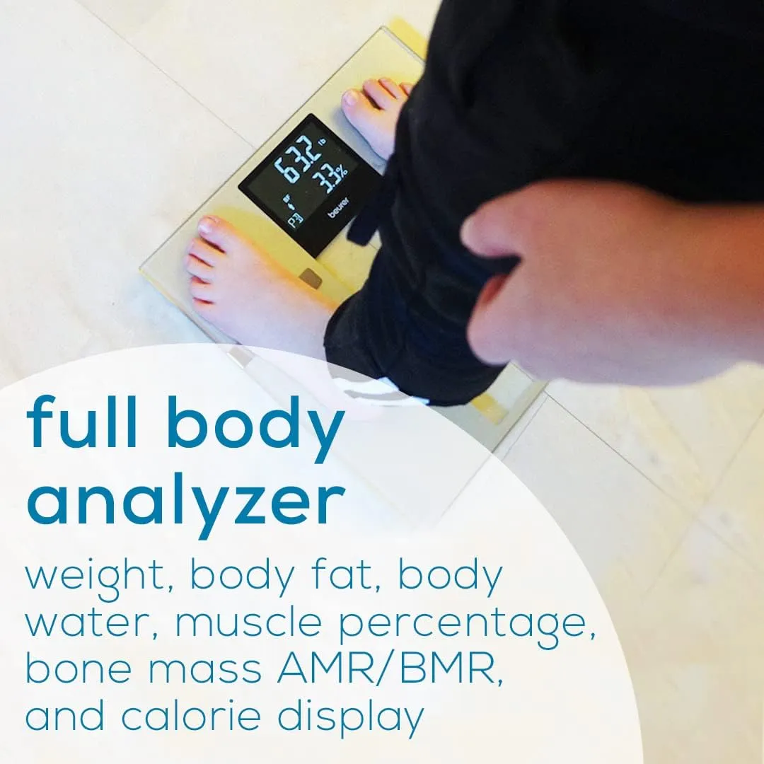 Beurer BF720 Smart Scale for Body Weight, Body Fat, Body Water & More  400 lb Capacity, Bluetooth App, Calorie Data, User Recognition, XL LCD Display, Glass Digital Bathroom Scale  Grey