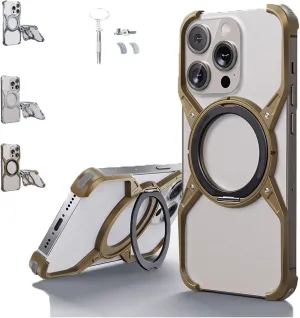 Bezel Less Minimalist Luxury Metal Heat Dissipation Slim Shockproof Case, Bezel Less Minimalist with Rotatable Ring Kickstand, for iPhone 16/15/14/13Pro Max, (for iPhone 13 Pro Max,Gold)