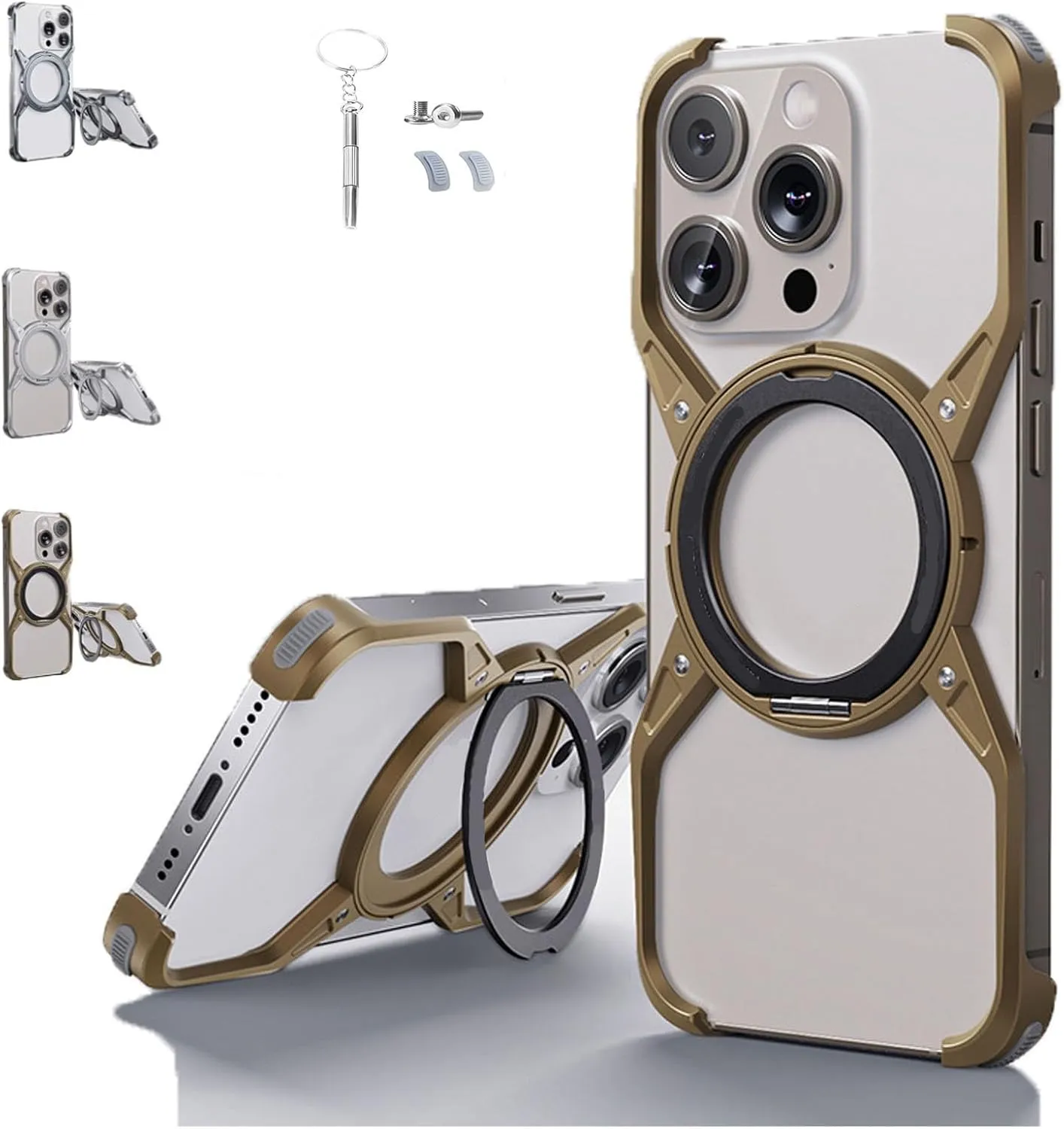 Bezel Less Minimalist Luxury Metal Heat Dissipation Slim Shockproof Case, Bezel Less Minimalist with Rotatable Ring Kickstand, for iPhone 16/15/14/13Pro Max, (for iPhone 13 Pro Max,Gold)