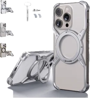 Bezel Less Minimalist Luxury Metal Heat Dissipation Slim Shockproof Case, Bezel Less Minimalist with Rotatable Ring Kickstand, for iPhone 16/15/14/13Pro Max, (for iPhone 13 Pro Max,Silver)