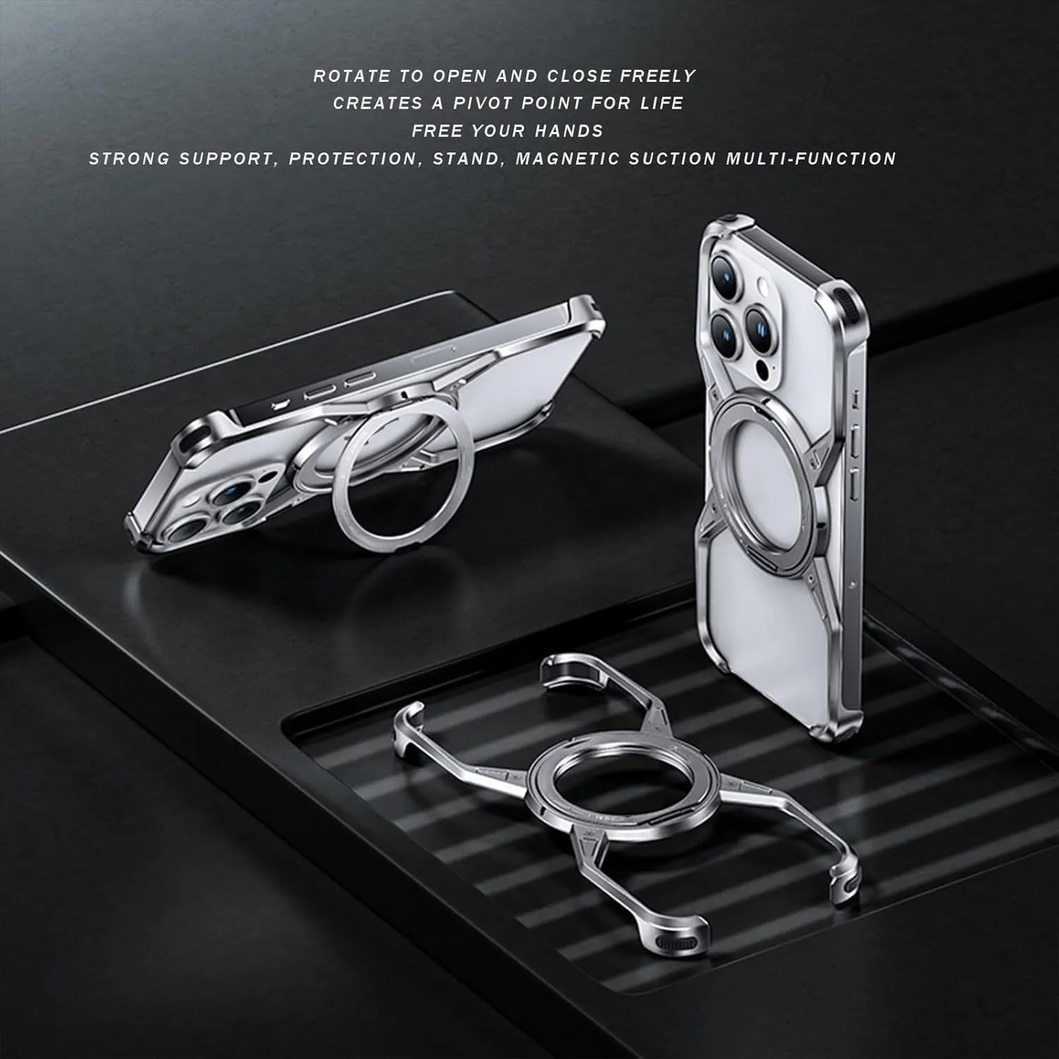 Bezel Less Minimalist Luxury Metal Heat Dissipation Slim Shockproof Case, Bezel Less Minimalist with Rotatable Ring Kickstand, for iPhone 16/15/14/13Pro Max, (for iPhone 13 Pro Max,Silver)