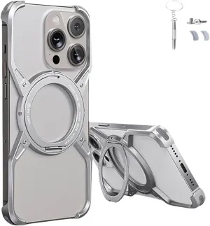 Bezel Less Minimalist Luxury Metal Heat Dissipation Slim Shockproof Case, Case for iPhone 16/15/14/13 Pro Max, Compatible with Rotatable Ring Kickstand (iPhone 16 promax,Gray)