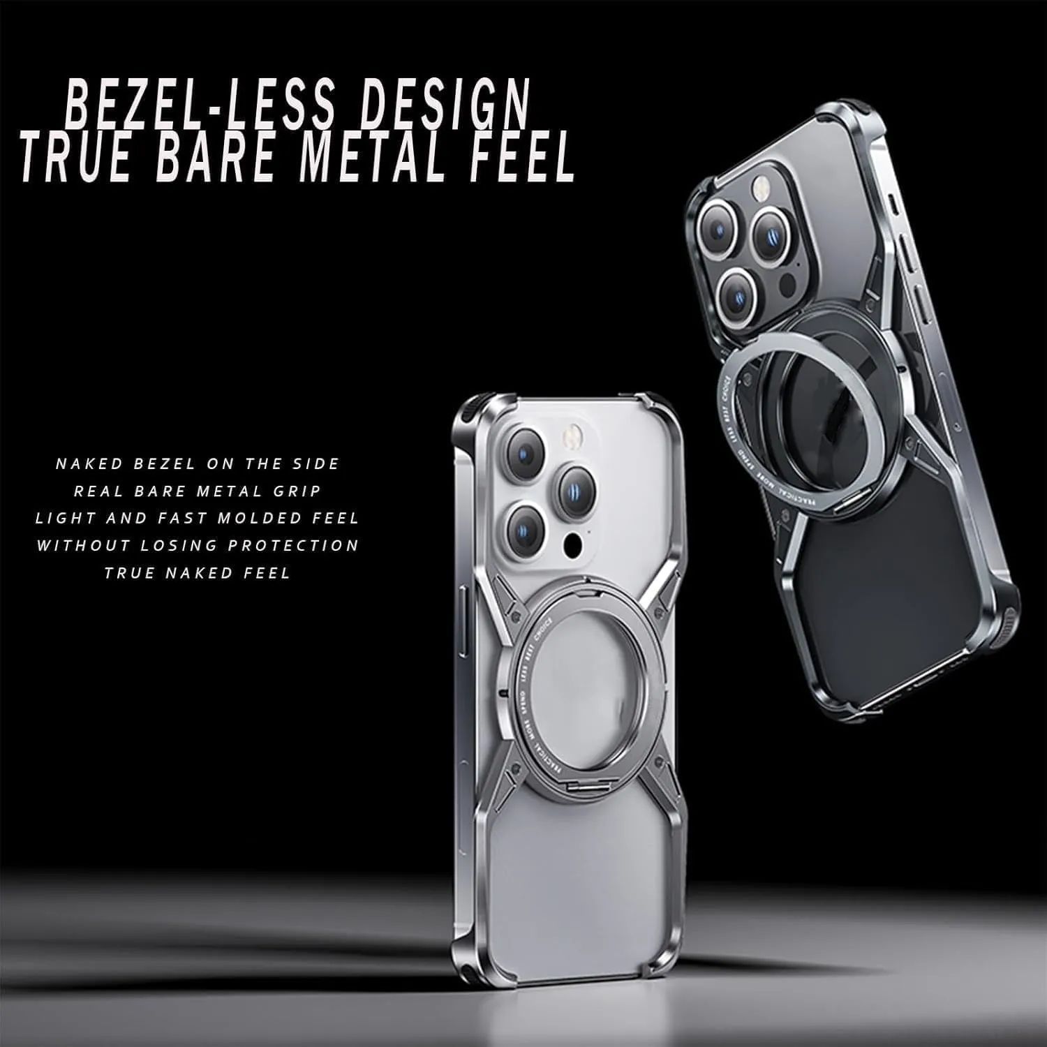 Bezel Less Minimalist Luxury Metal Heat Dissipation Slim Shockproof Case, Case for iPhone 16/15/14/13 Pro Max, Compatible with Rotatable Ring Kickstand (iPhone 16 promax,Gray)