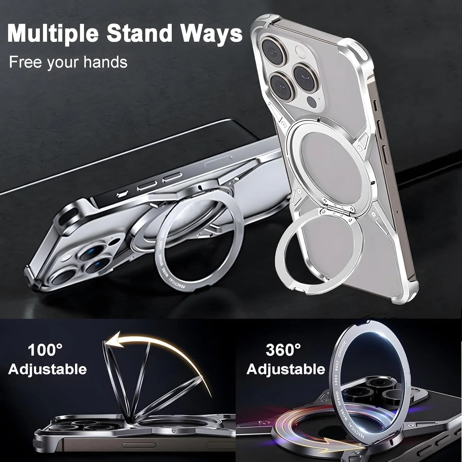 Bezel Less Minimalist Luxury Metal Heat Dissipation Slim Shockproof Case, Case for iPhone 16/15/14/13 Pro Max, Compatible with Rotatable Ring Kickstand (iPhone 16 promax,Gray)