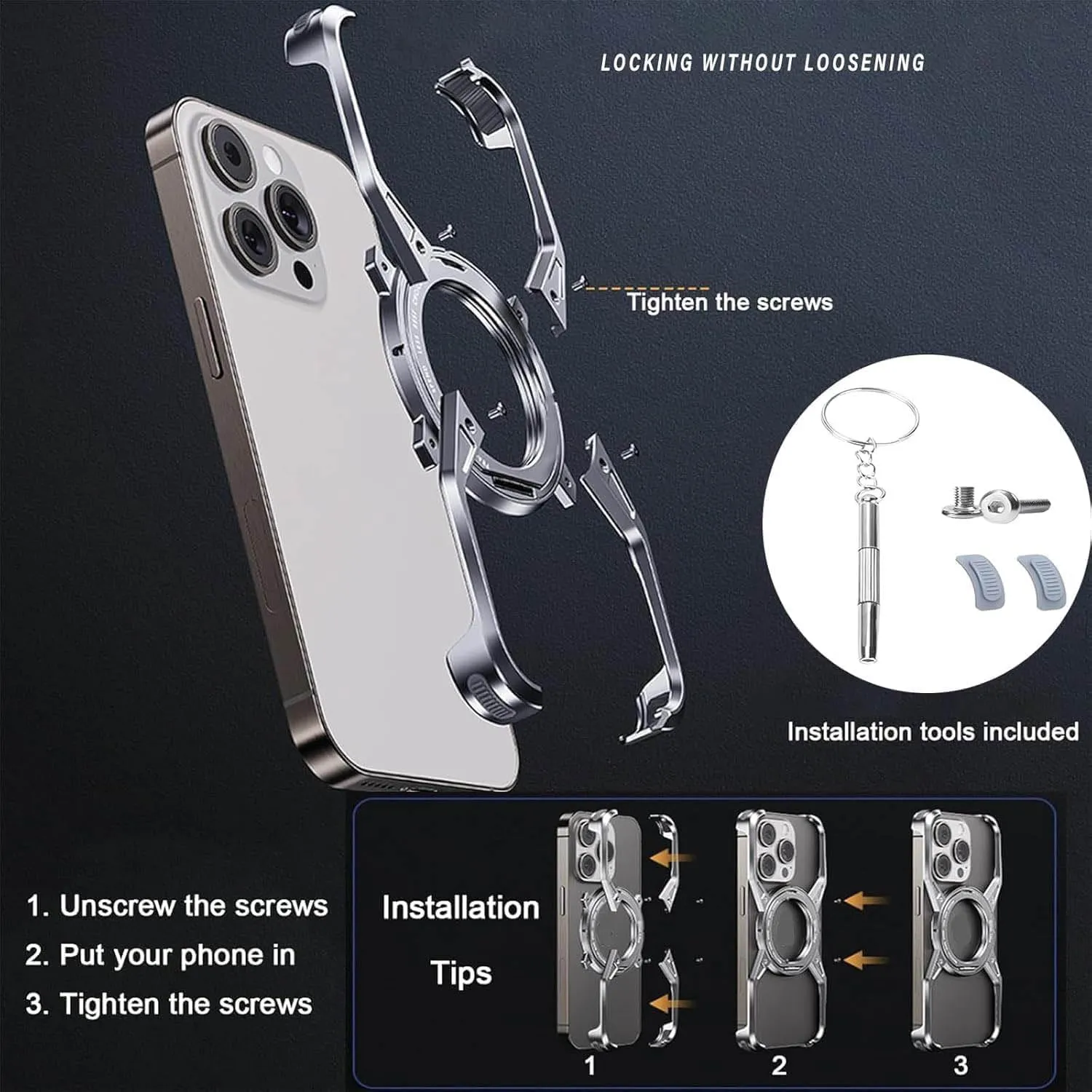 Bezel Less Minimalist Luxury Metal Heat Dissipation Slim Shockproof Case, Case for iPhone 16/15/14/13 Pro Max, Compatible with Rotatable Ring Kickstand (iPhone 16 promax,Gray)