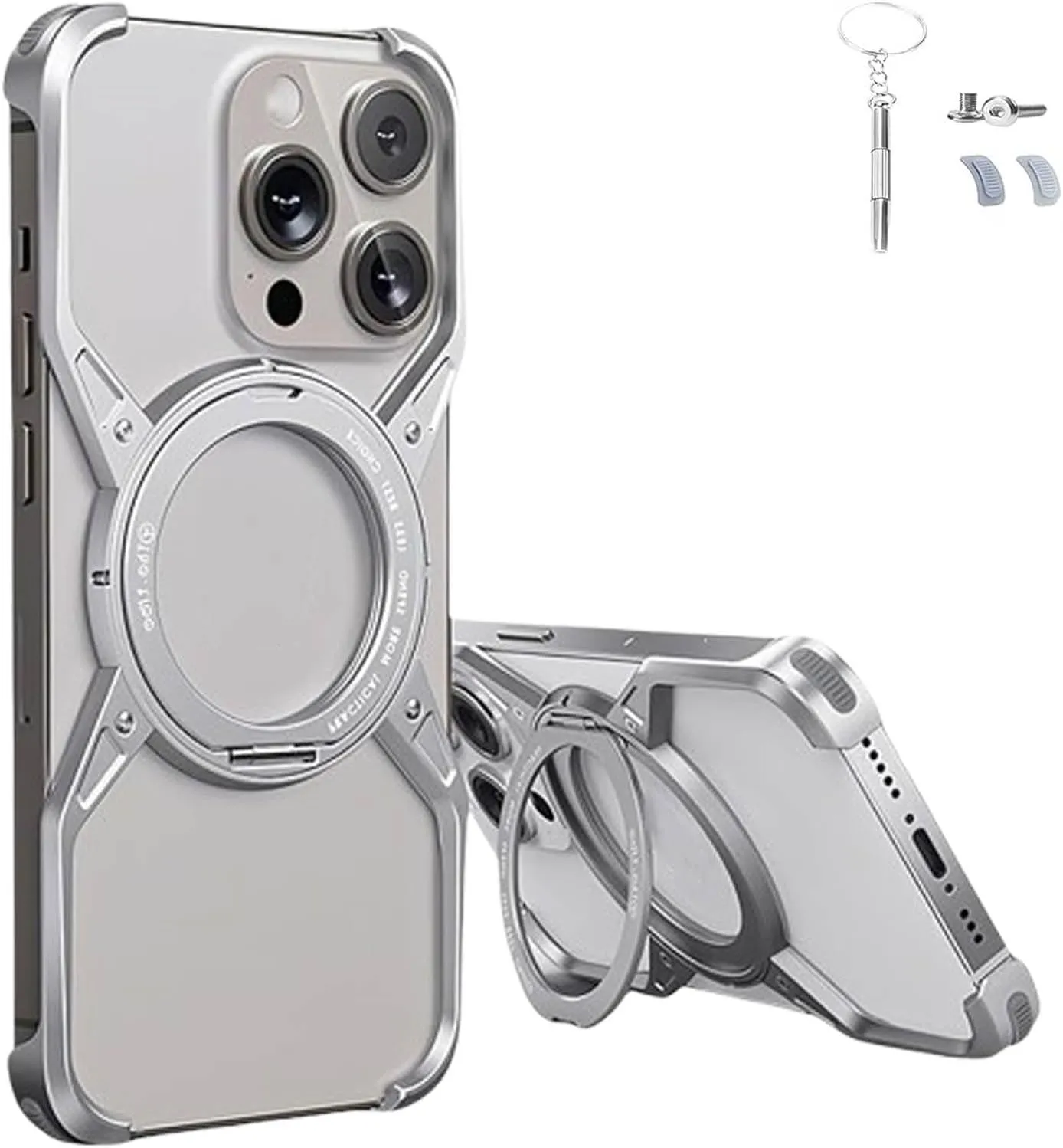 Bezel Less Minimalist Luxury Metal Heat Dissipation Slim Shockproof Case, Case for iPhone 16/15/14/13 Pro Max, Compatible with Rotatable Ring Kickstand (iPhone 16 promax,Gray)