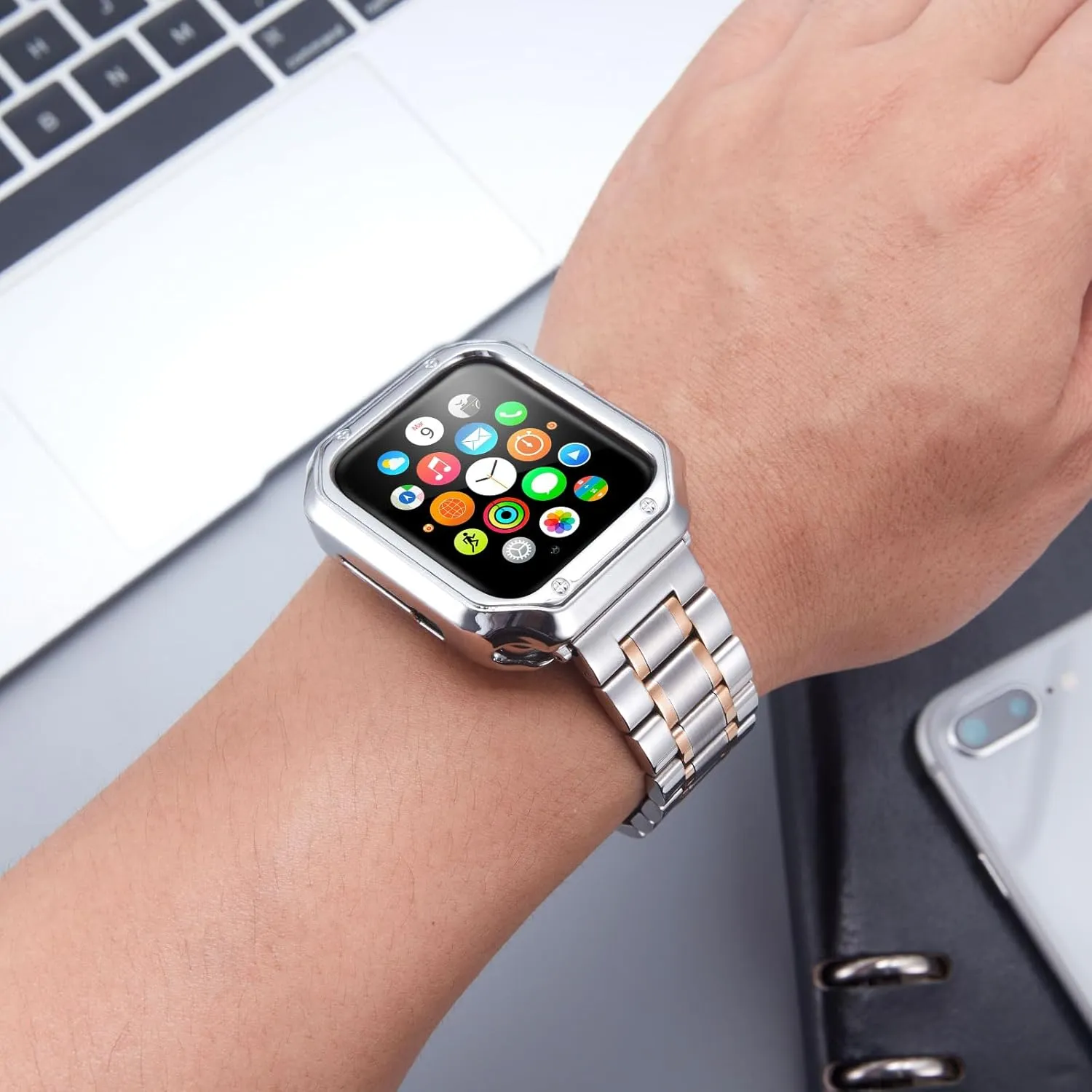 BINLUN Stainless Steel Bands Compatible with Apple Watch 49mm 45mm-44mm-42mm 41mm-40mm-38mm Metal Bracelets with TPU Case Fit For iWatch Strap 9/8/7/6/5/4/3/2/1//SE2/SE/Ultra Men Women