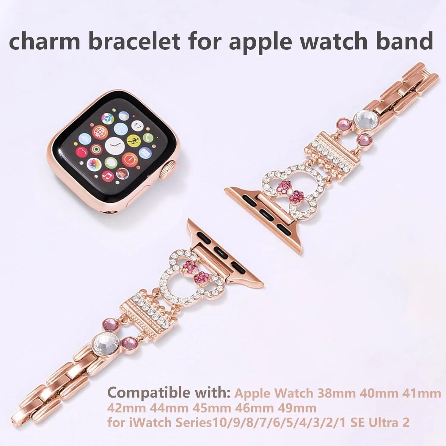 Bling Bracelet Band Compatible with Apple Watch Bands for Women 46mm 40mm 41mm 38mm 44mm 45mm 42mm 49mm, Cute Cartoon Dressy Jewelry Charm Metal Strap for iWatch Ultra 2 Series 10/9/8/7/6/5/4/3/2/1/SE