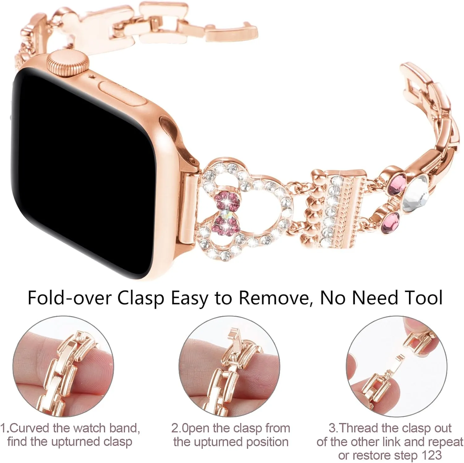 Bling Bracelet Band Compatible with Apple Watch Bands for Women 46mm 40mm 41mm 38mm 44mm 45mm 42mm 49mm, Cute Cartoon Dressy Jewelry Charm Metal Strap for iWatch Ultra 2 Series 10/9/8/7/6/5/4/3/2/1/SE