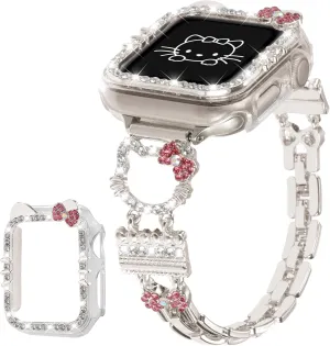 Bling Bracelet Band with Protector Case Compatible with Apple Watch Bands for Women iWatch Series 10 46 mm 42mm,Series 9 8 7 41mm 45mm,Series 6 5 4 SE 40mm 44mm,Cute Cartoon Dressy Jewelry Metal Strap