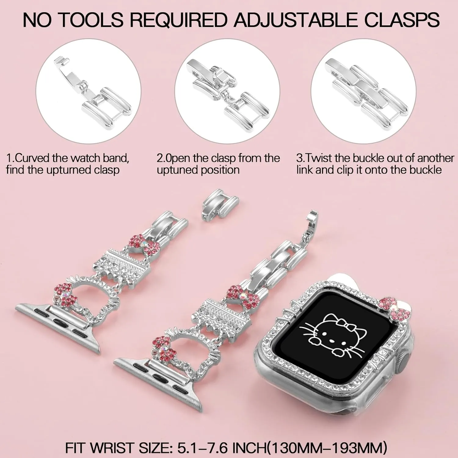 Bling Bracelet Band with Protector Case Compatible with Apple Watch Bands for Women iWatch Series 10 46 mm 42mm,Series 9 8 7 41mm 45mm,Series 6 5 4 SE 40mm 44mm,Cute Cartoon Dressy Jewelry Metal Strap