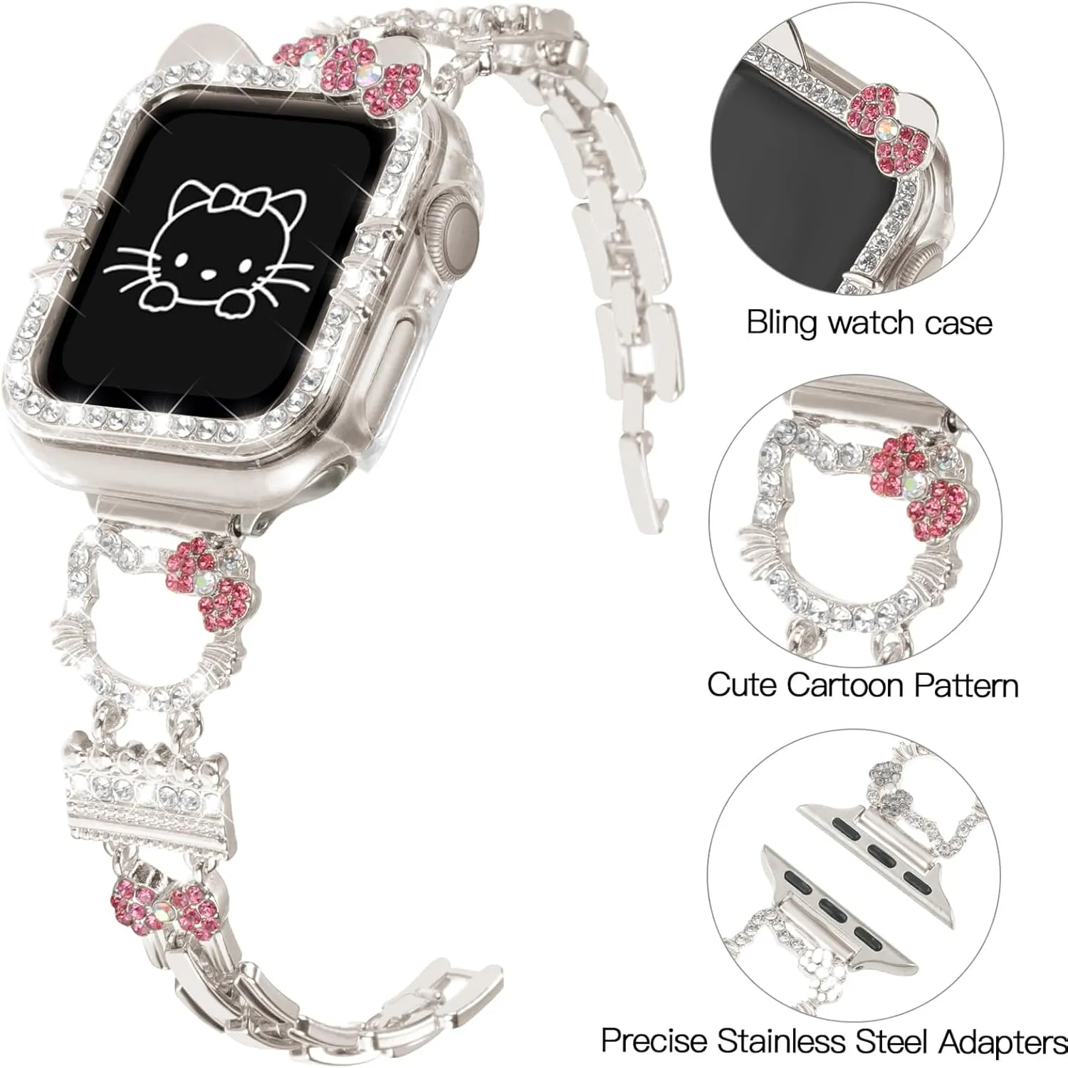 Bling Bracelet Band with Protector Case Compatible with Apple Watch Bands for Women iWatch Series 10 46 mm 42mm,Series 9 8 7 41mm 45mm,Series 6 5 4 SE 40mm 44mm,Cute Cartoon Dressy Jewelry Metal Strap