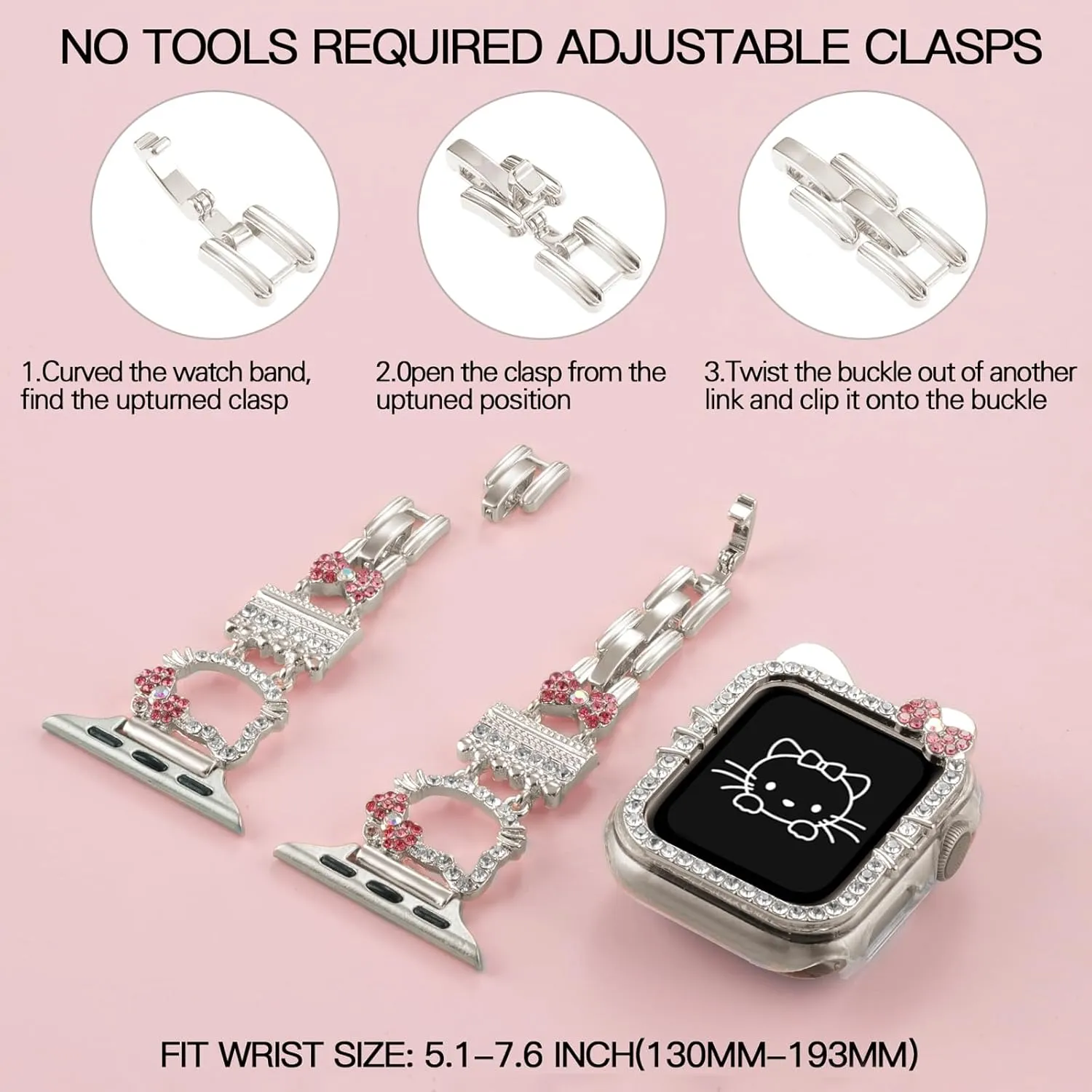 Bling Bracelet Band with Protector Case Compatible with Apple Watch Bands for Women iWatch Series 10 46 mm 42mm,Series 9 8 7 41mm 45mm,Series 6 5 4 SE 40mm 44mm,Cute Cartoon Dressy Jewelry Metal Strap