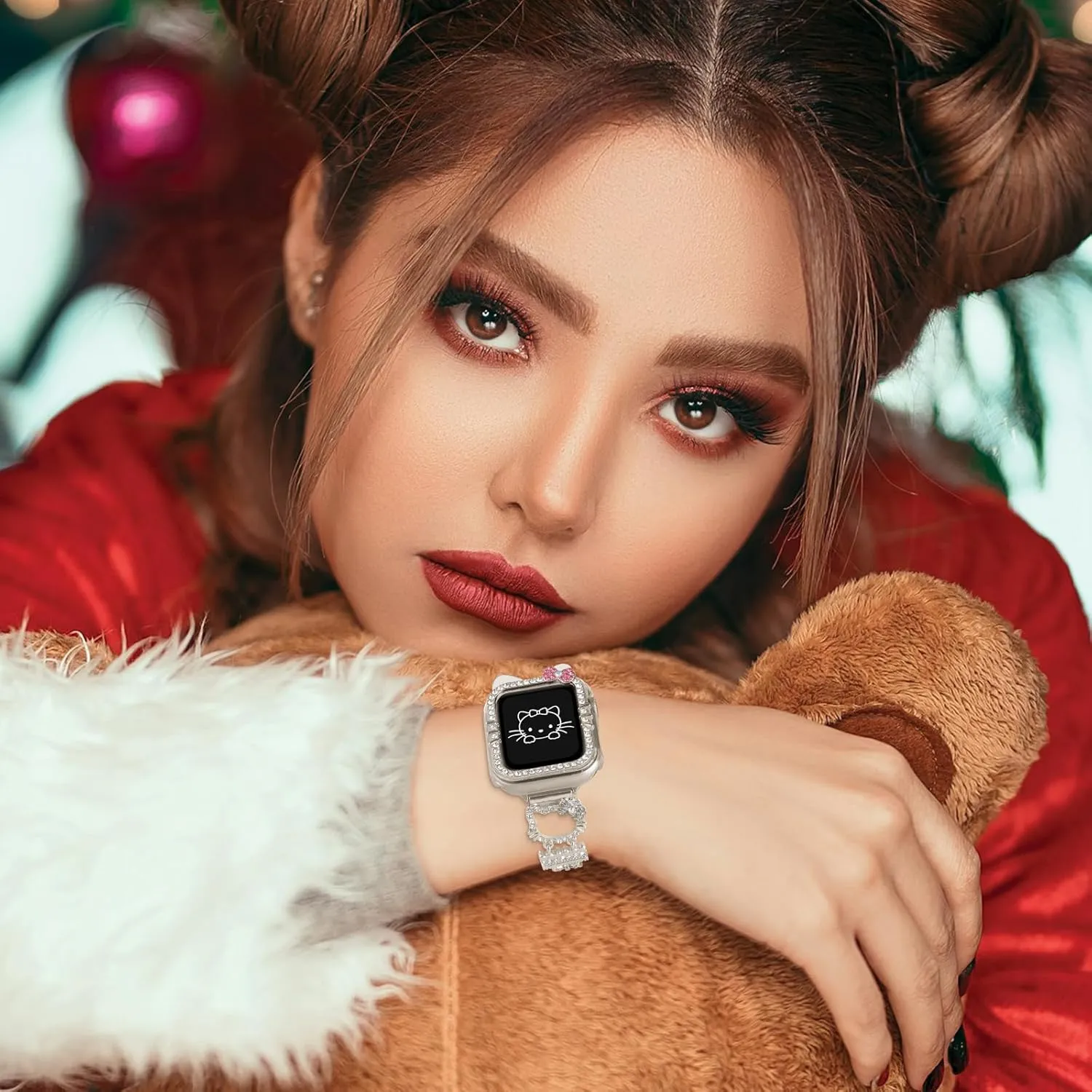 Bling Bracelet Band with Protector Case Compatible with Apple Watch Bands for Women iWatch Series 10 46 mm 42mm,Series 9 8 7 41mm 45mm,Series 6 5 4 SE 40mm 44mm,Cute Cartoon Dressy Jewelry Metal Strap