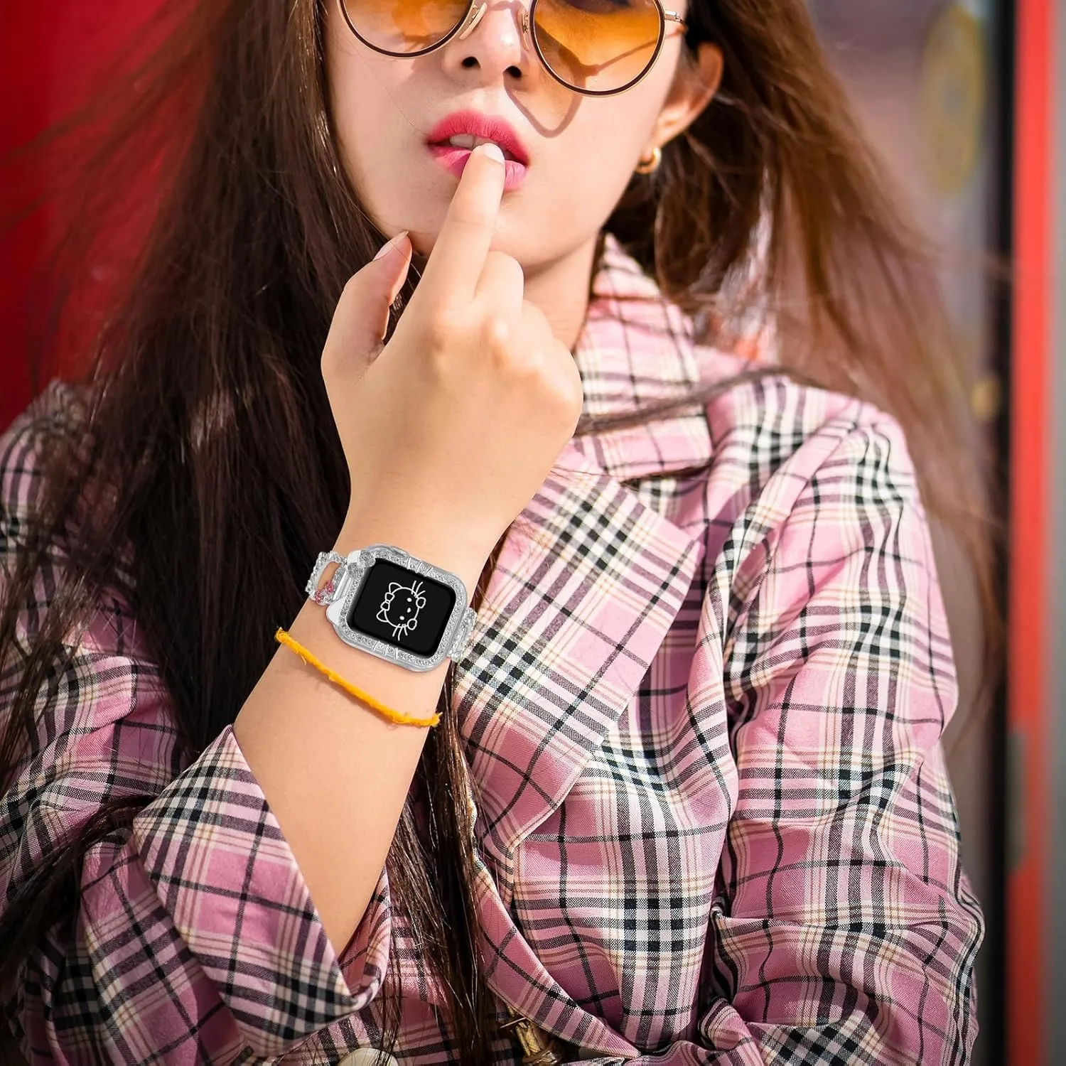 Bling Bracelet Band with Protector Case Compatible with Apple Watch Bands for Women iWatch Series 10 46 mm 42mm,Series 9 8 7 41mm 45mm,Series 6 5 4 SE 40mm 44mm,Cute Cartoon Dressy Jewelry Metal Strap