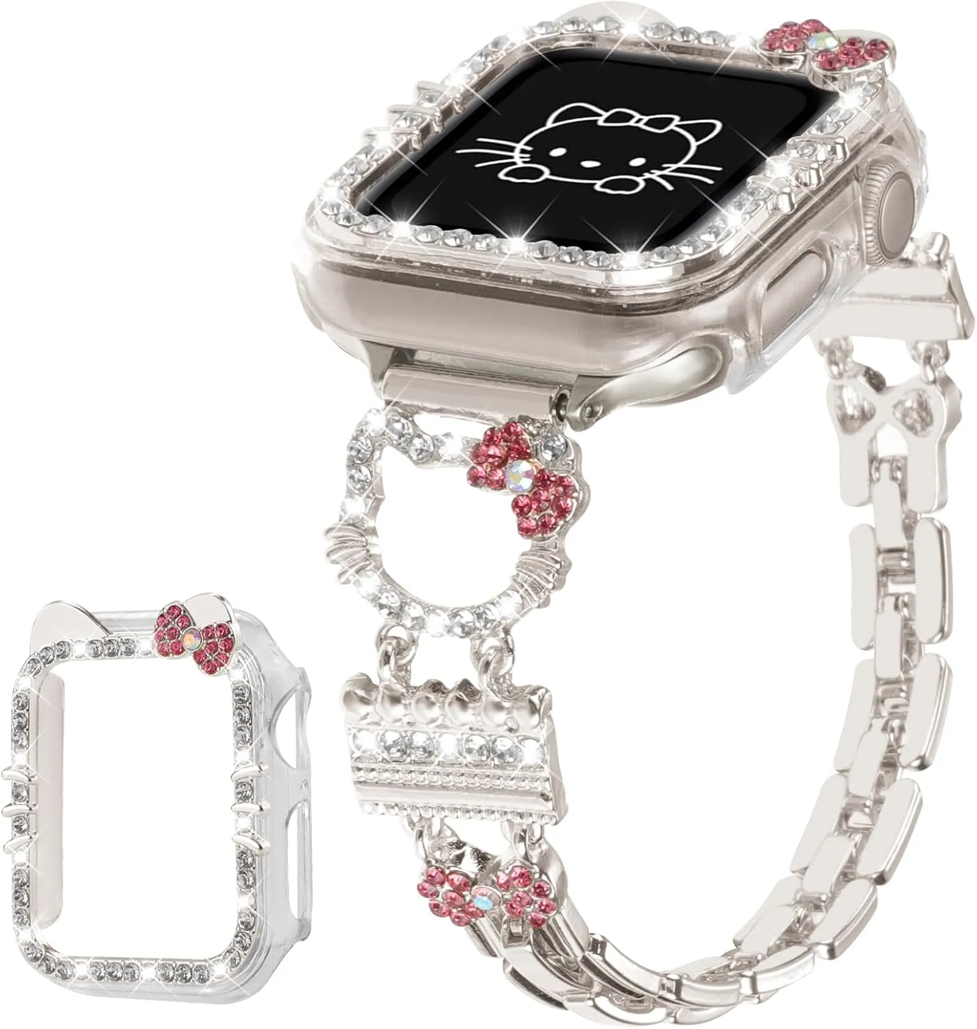 Bling Bracelet Band with Protector Case Compatible with Apple Watch Bands for Women iWatch Series 10 46 mm 42mm,Series 9 8 7 41mm 45mm,Series 6 5 4 SE 40mm 44mm,Cute Cartoon Dressy Jewelry Metal Strap