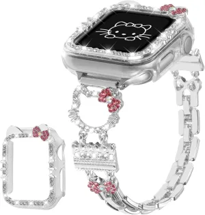 Bling Bracelet Band with Protector Case Compatible with Apple Watch Bands for Women iWatch Series 10 46 mm 42mm,Series 9 8 7 41mm 45mm,Series 6 5 4 SE 40mm 44mm,Cute Cartoon Dressy Jewelry Metal Strap