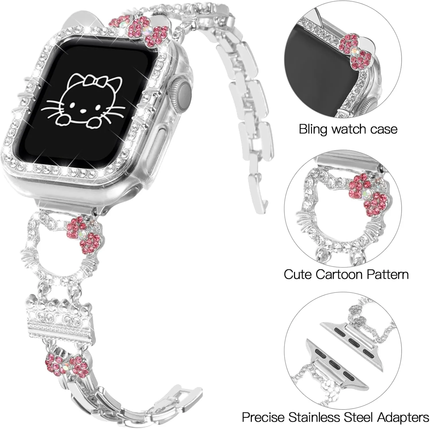 Bling Bracelet Band with Protector Case Compatible with Apple Watch Bands for Women iWatch Series 10 46 mm 42mm,Series 9 8 7 41mm 45mm,Series 6 5 4 SE 40mm 44mm,Cute Cartoon Dressy Jewelry Metal Strap