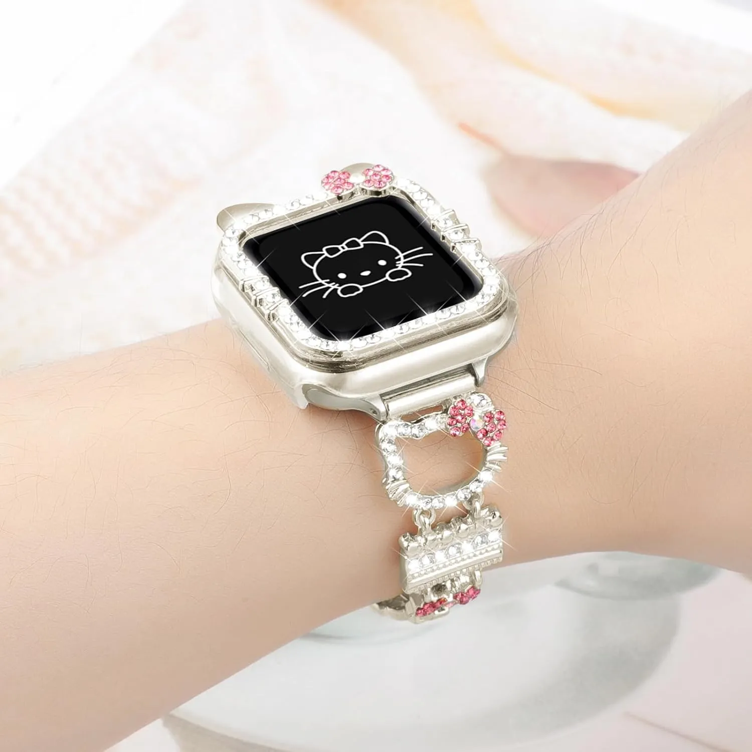 Bling Bracelet Band with Protector Case Compatible with Apple Watch Bands for Women iWatch Series 10 46 mm 42mm,Series 9 8 7 41mm 45mm,Series 6 5 4 SE 40mm 44mm,Cute Cartoon Dressy Jewelry Metal Strap